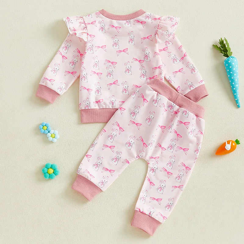 Adorable Baby Girl Easter Outfit Pink Floral Print Ruffle Sleeve Top Bowknot Elastic Waist Pants 2 Piece Set