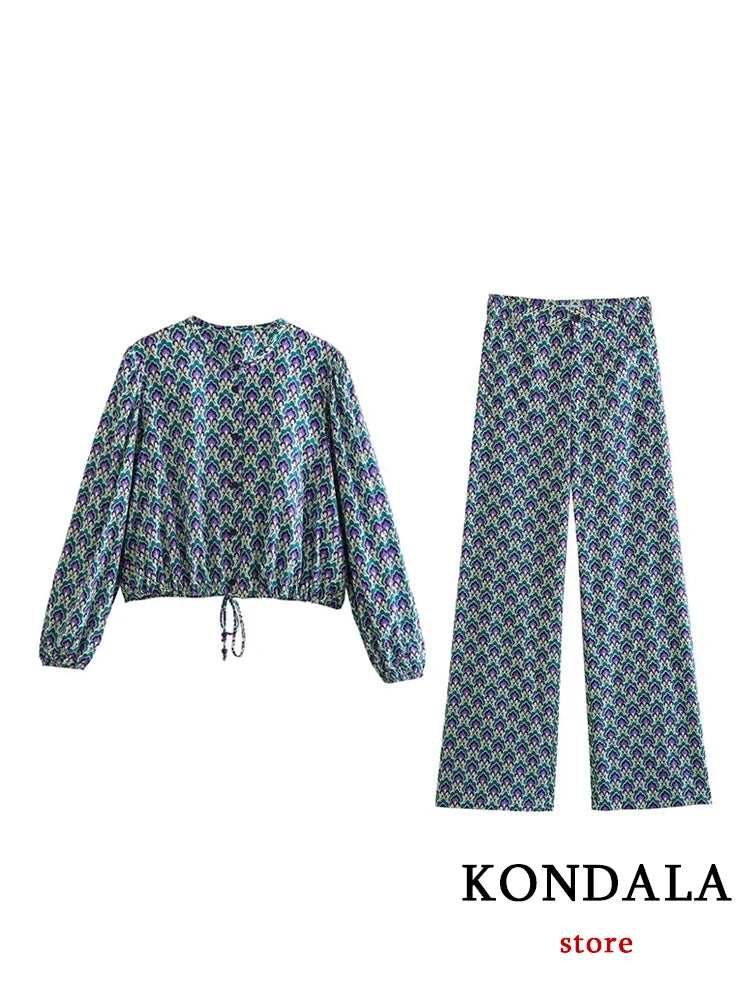 KONDALA Vintage Flower Print 2 Pieces Women Suits Long Sleeve O Neck Short Blouses+High Waist Wide Leg Pants Fashion 2023 Summer