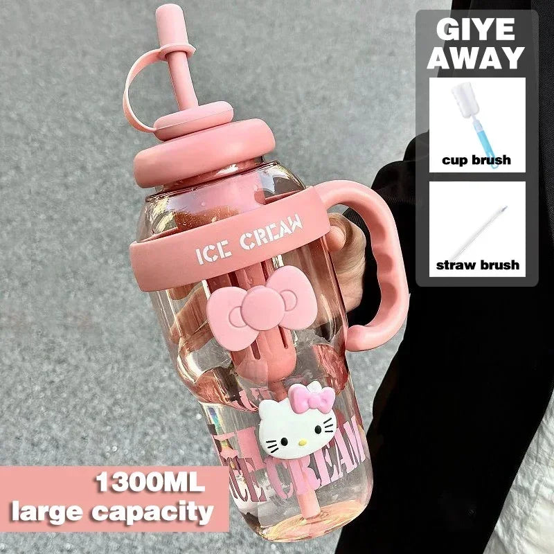 1300ML With Handle Water Bottle MINISO Hello Kitty Gym Large Capacity Straw Water Cup Kuromi My Melody Cartoon Children Cup Gift