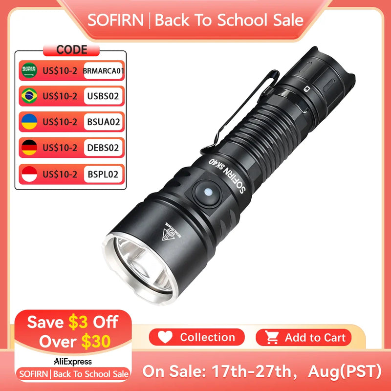 NEW SOFIRN SK40 3200lm Tactical Flashlight 580m Powerful Bright SFT70 LED IP68 waterproof Torch with Dual Switch