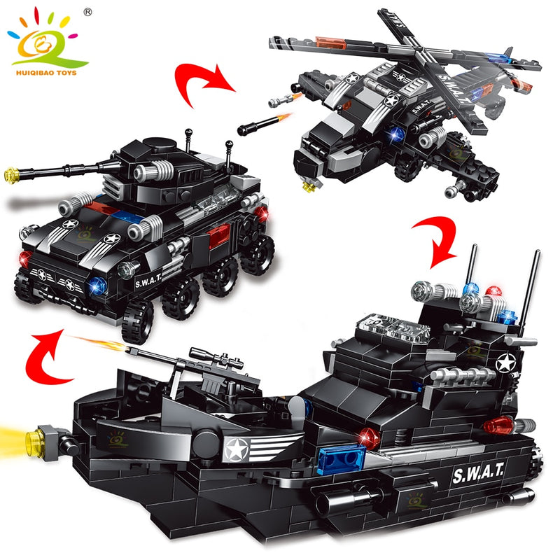 HUIQIBAO SWAT Police Ship 597pcs 8in1 Building Blocks Set City Truck Brick with Policeman Construction Toys for Children Boy