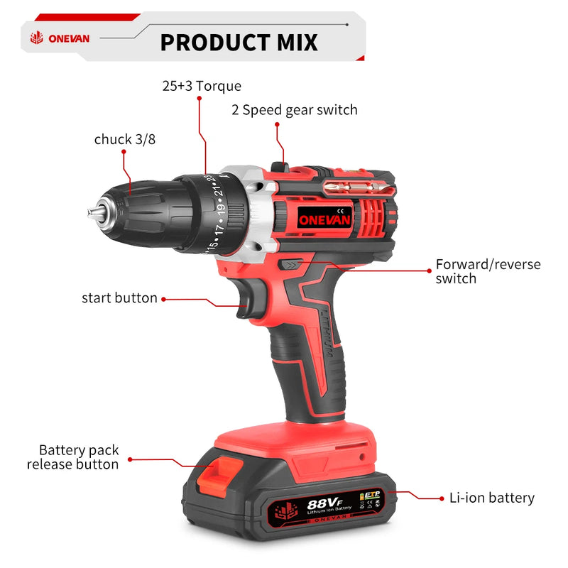 ONEVAN 10mm Cordless Electric Drill Driver Rechargeable Impact Hammer Drill Car Repair Screwdriver Tools For Makita Battery Pin