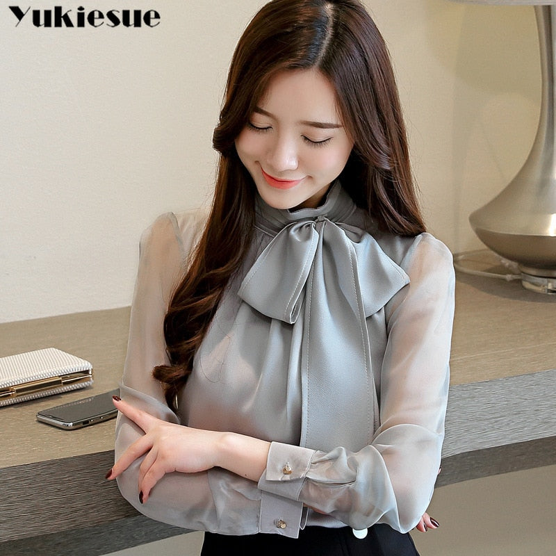 2022 New Summer Fashion Tunic Women Blouse Shirts Long Sleeve Tie Bow Chiffon Turtleneck Formal Women White Black Shirts