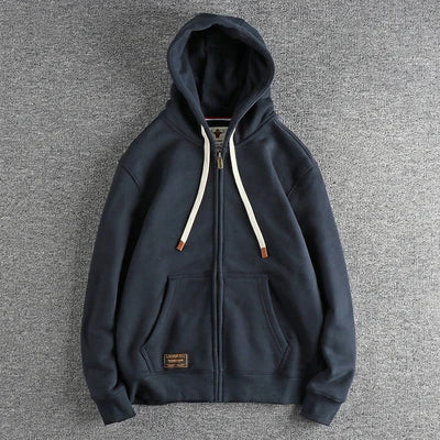 Autumn Winter American Retro Heavyweight Long Sleeved Hooded Hoodies Men's Simple Thickened Velvet Casual Cardigan Sweatshirts