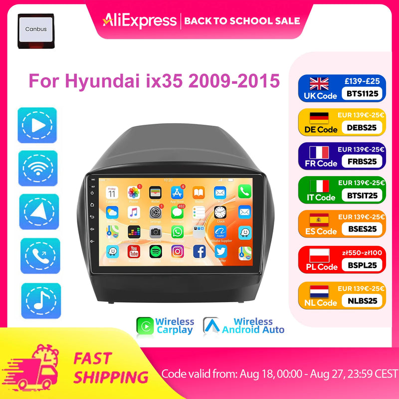 ESSGOO 9" Android 14 Display Car Stereo Radio GPS Navigation For Hyundai ix35 2009-2015 Carplay Android Auto SWC USB Wifi BT FM