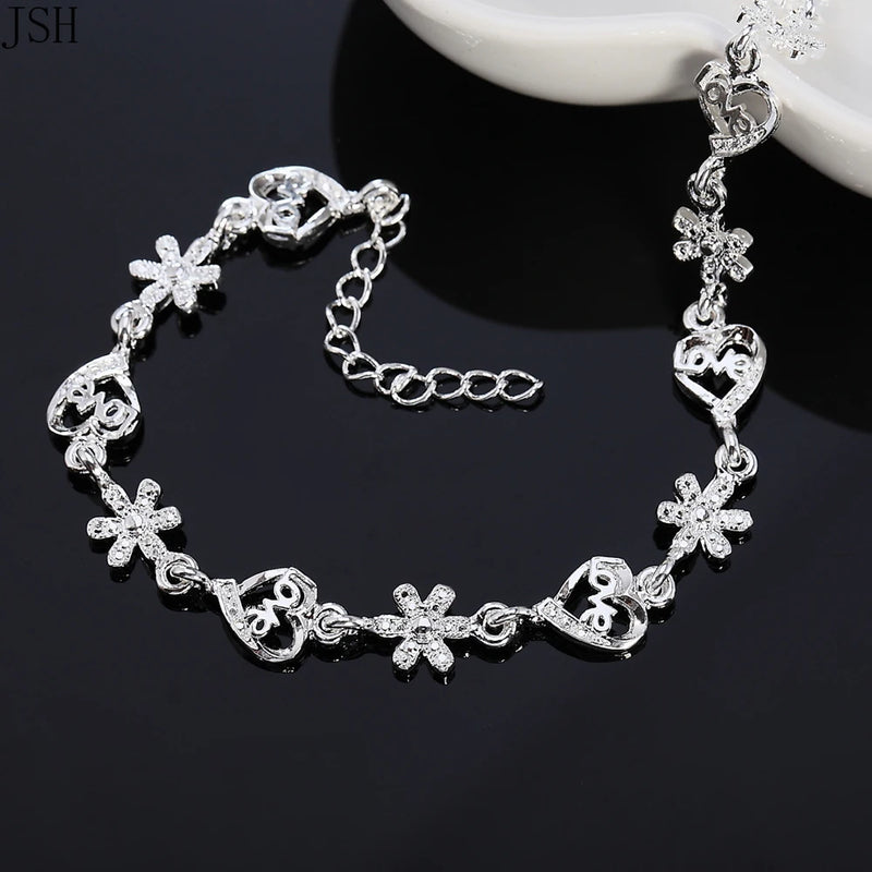 Beautiful for women 925 Sterling Silver bracelet noble HEART lovely chain fashion Wedding Party cute lady nice  jewelry