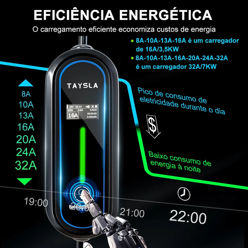 Taysla ev charger type 2 brazilian 7kW 32A Portable EV Charger 3.5kW 16A 80V-260V Charging Cable for electric Vehicles