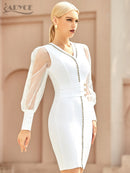 Adyce 2022 New Winter Women White Lace Bodycon Bandage Dress Sexy V Neck Long Sleeve Button Evening Celebrity Club Party Dresses