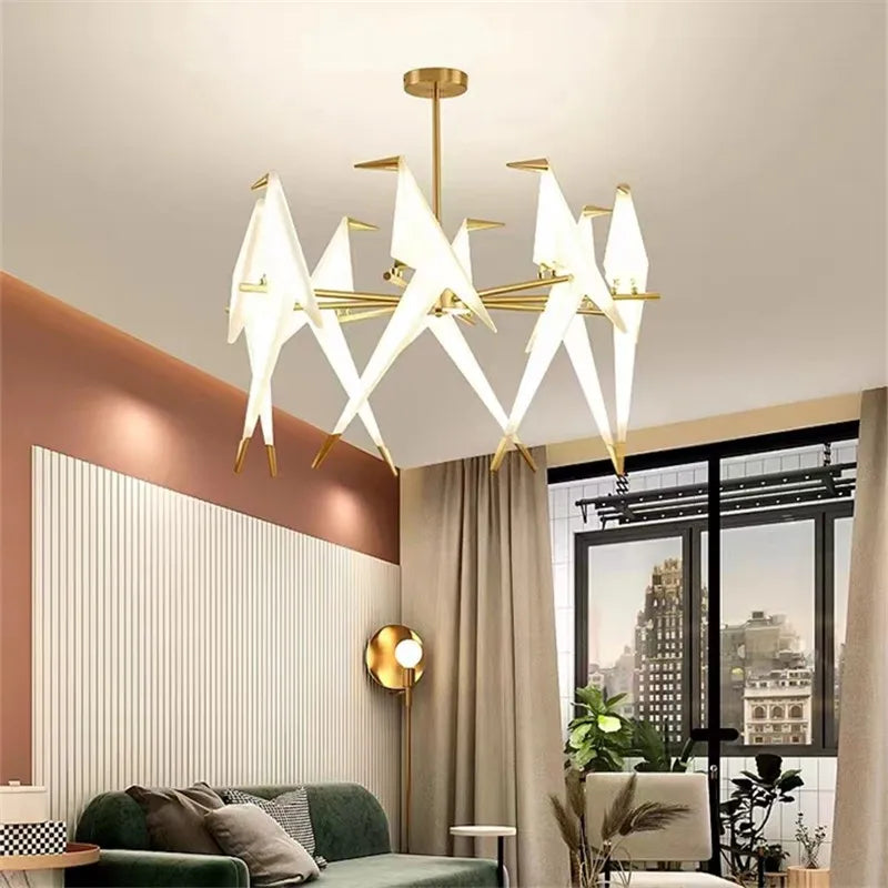 Perch Light Chandeliers designer bird lamps For Restaurant Children's Room paper cranes origami lamp bedroom room Swing light