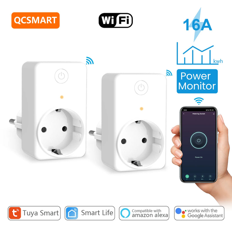 QCSMART Tuya Smart WiFi EU Plug Outlet 16A Electricity Energy Power Monitor Conservation Timer Socket Support Google Assistant