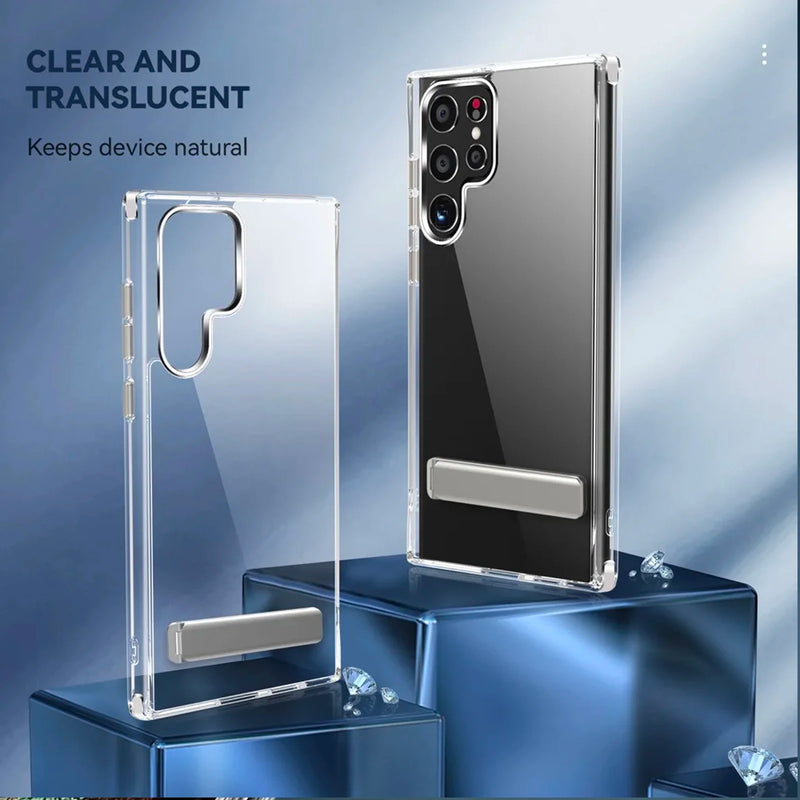 Kickstand Clear Phone Case for Samsung Galaxy S24 Ultra Plus S23 S22 Mil-Grade Shockproof Bumper Back Cover with Metal Stand