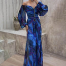 Printing Ladies Long Dress Gathering Pleated Long Sleeved Maix Dresses For Womens Wedding Guest High Slit Cocktail Party Dress