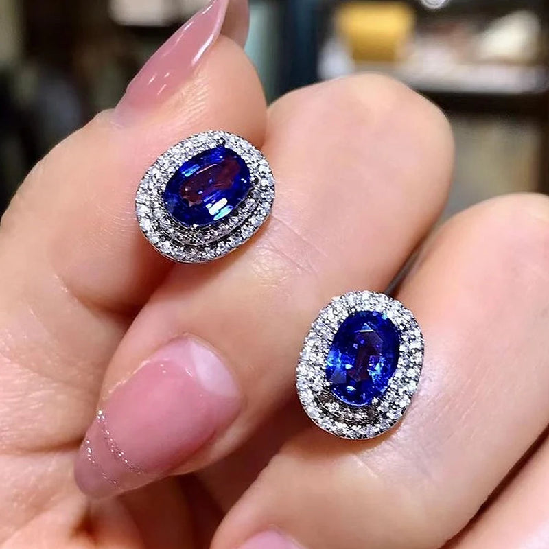 Huitan Gorgeous Blue Cubic Zircon Stud Earrings Temperament Oval Shaped CZ Earrings Wedding Engagement Fashion Jewelry for Women