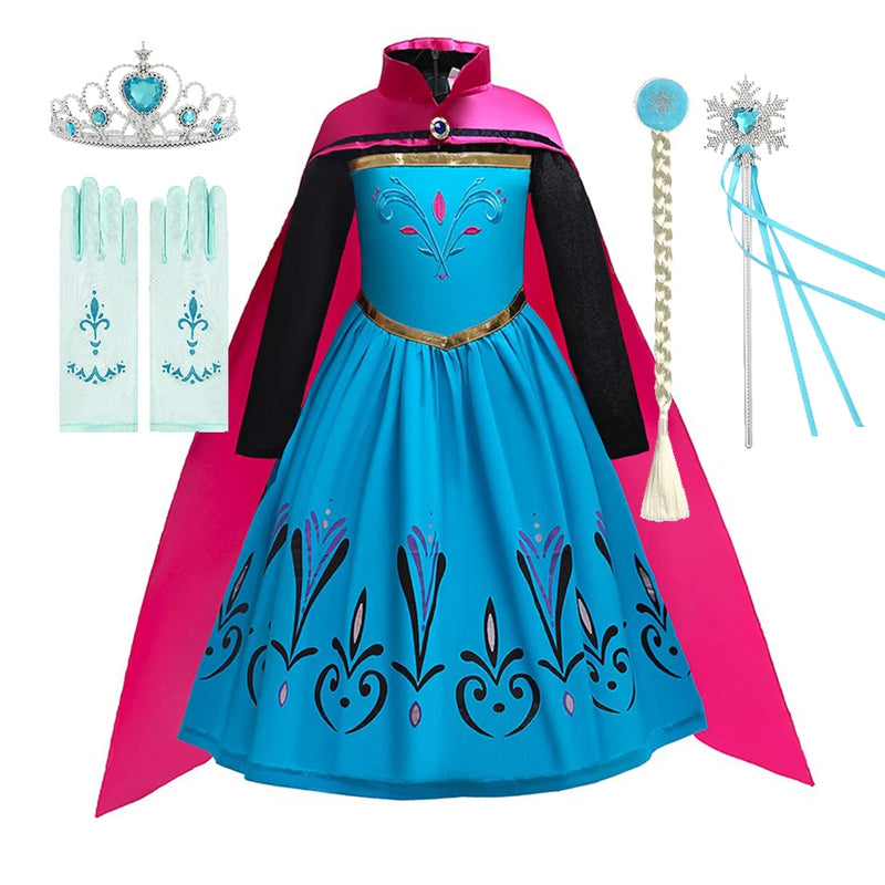 Girls Elsa Coronation Dress Up Long Sleeve Snow Queen Halloween Party Princess Costume Kids Christmas Elza Fancy Clothes Cloak