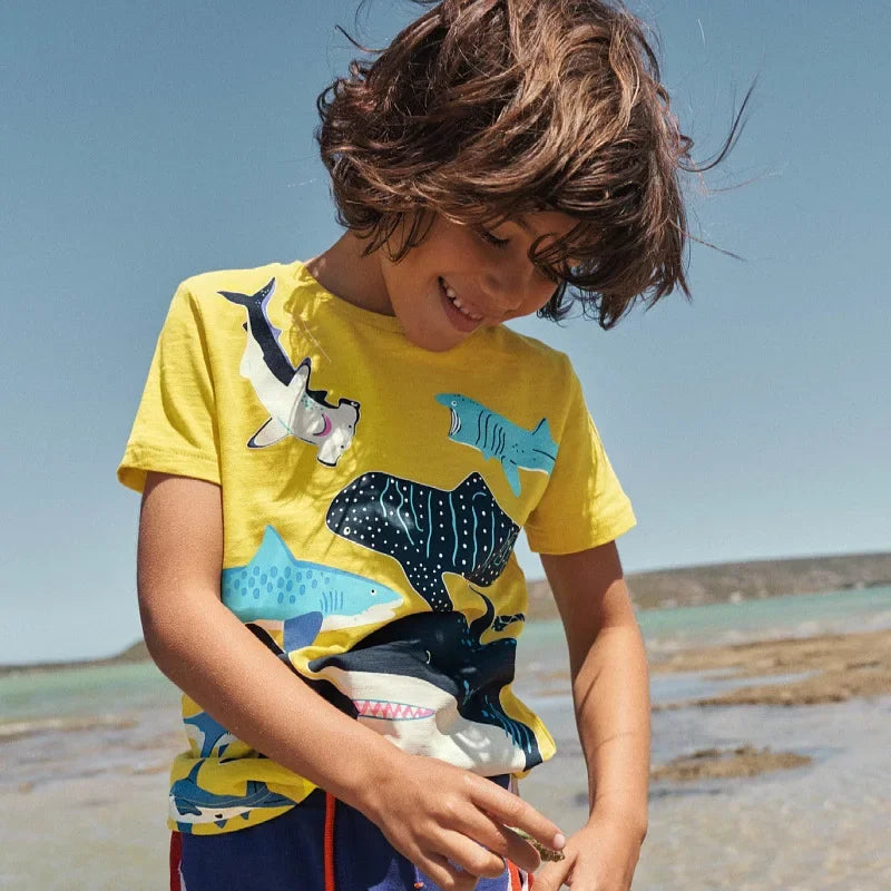 Kids Luminous Cartoon Shark Dinosaur T-shirt 100% Cotton Baby Boys Tees 2-7 Years Summer New Short Sleeve Tops