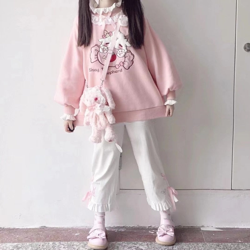 2022 Autumn Women Lace Neck Cute Hoodies Harajuku Kawaii Sweatshirt Lolita Girl Pink Pullover Lamb And Candy Embroidery Sudadera