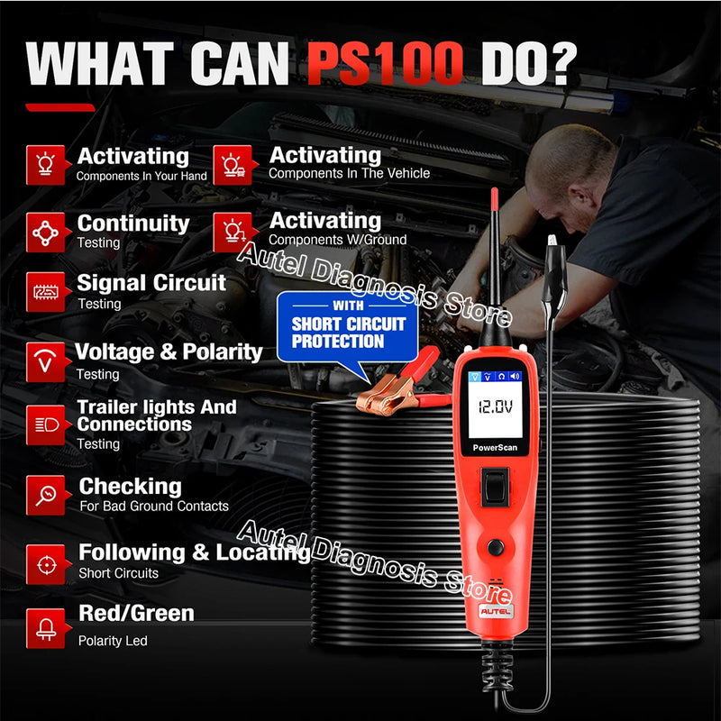 Autel PowerScan PS100 Automotive Circuit Tester Power Circuit Probe Kit Built-in Flashlight Electrical System Diagnostic Tool