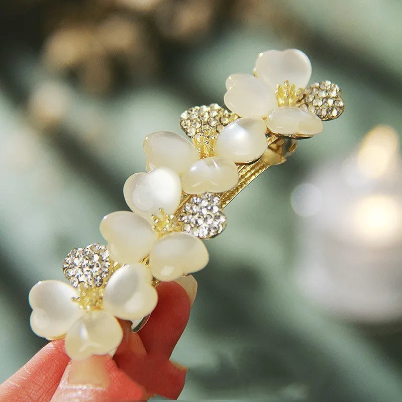New Luxury White Opal Flower Spring Hairpin Set with Zircon Boutique Top Clip One Word Back Elegant Women's Fashion Headwear