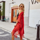 Women Sun Protection Shawl Lady Summer Hollow Out Cardigan Holiday Bikini Blouse Breathable Beach Cape Sexy Tippet with Pearls