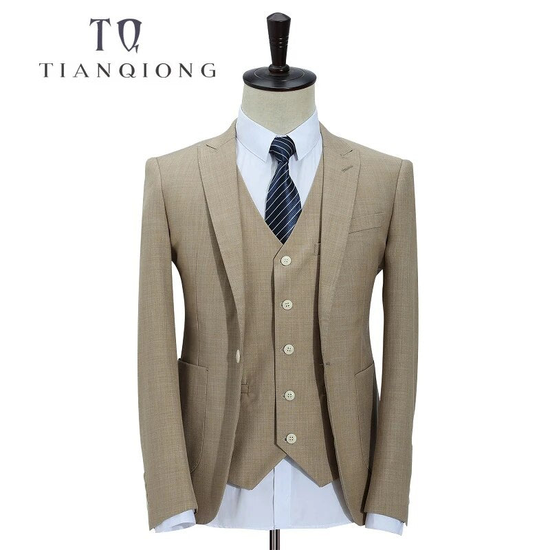 TIAN QIONG 100% Polyester Suits Men 2018 Slim Fit 3 Piece Business Wedding Suits Men Khaki Tuxedo Jacket Brand Mens Formal Suit