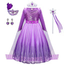 Girl Elsa Dress Princess Cosplay Purple Sequins Mesh Halloween Long Sleeves Ball Gown Birthday Party Carnival Costume
