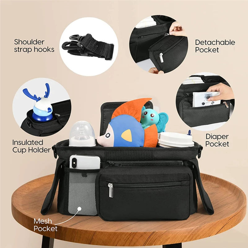 Universal Stroller Organizer Bag Detachable with Insulated Cup Holders, Diaper Storage, Secure Straps, Pockets for Phone, Keys