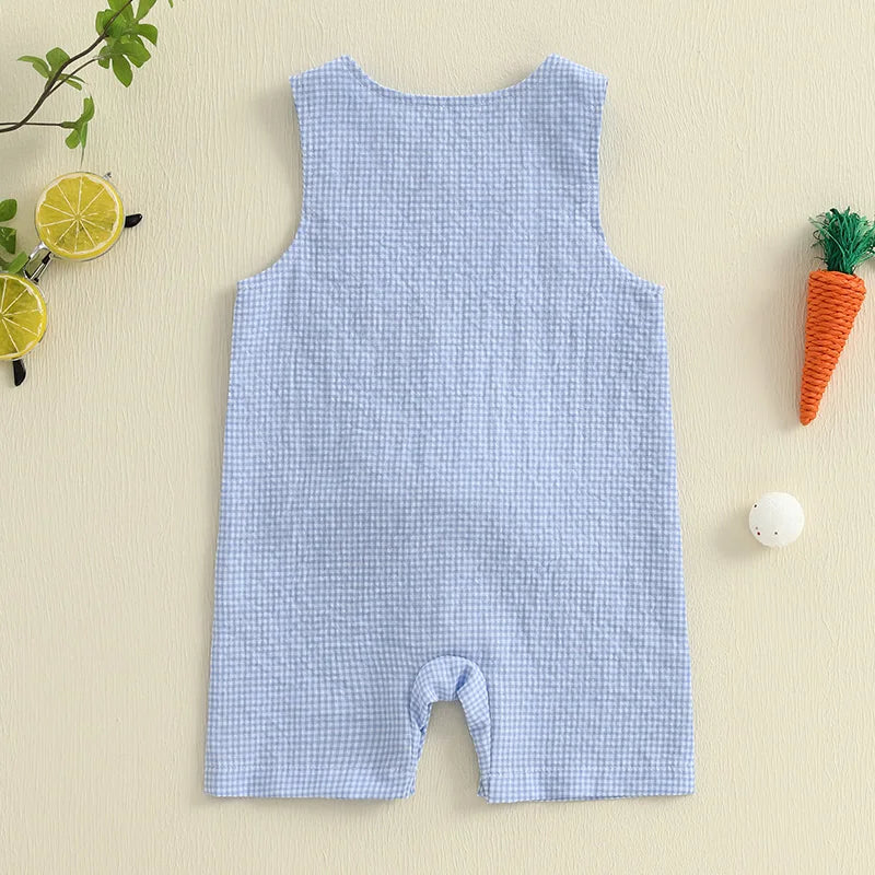 Infant Unisex Easter Romper Sleeveless Round Neck Bunny Embroidery Carrot Embroidery  Outfit for Baby Boy Girl