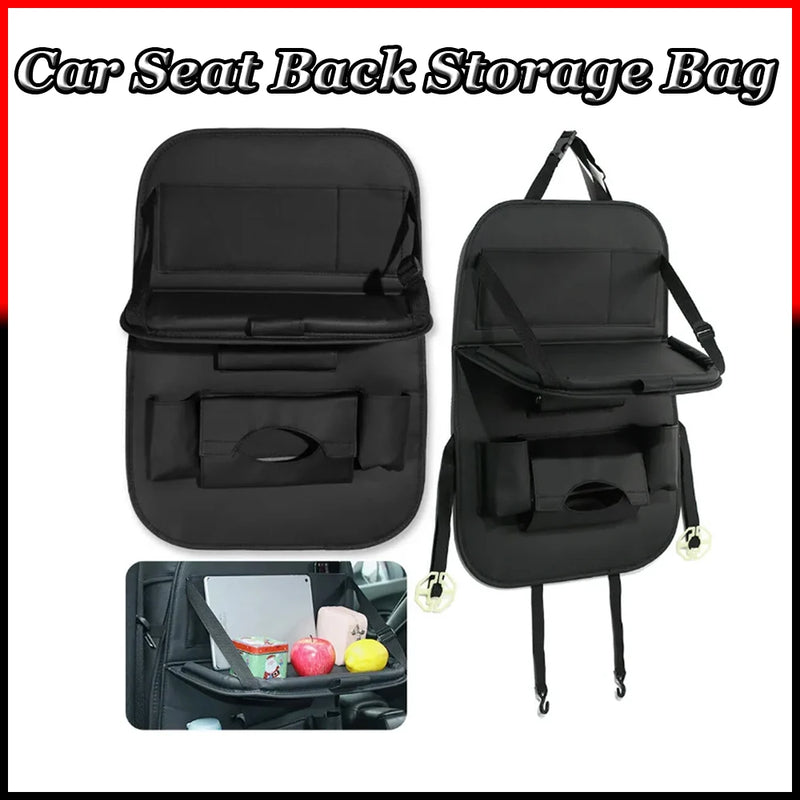 Car seat backrest organizer PU leather storage bag with foldable tray tablet computer bracket tissue box seat accessories