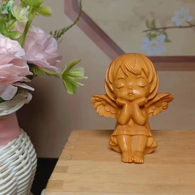 Wooden Little Angel Characters Decorative Statue Cute solid wood carving Home Room Office Car Art Sculpture Small Gift