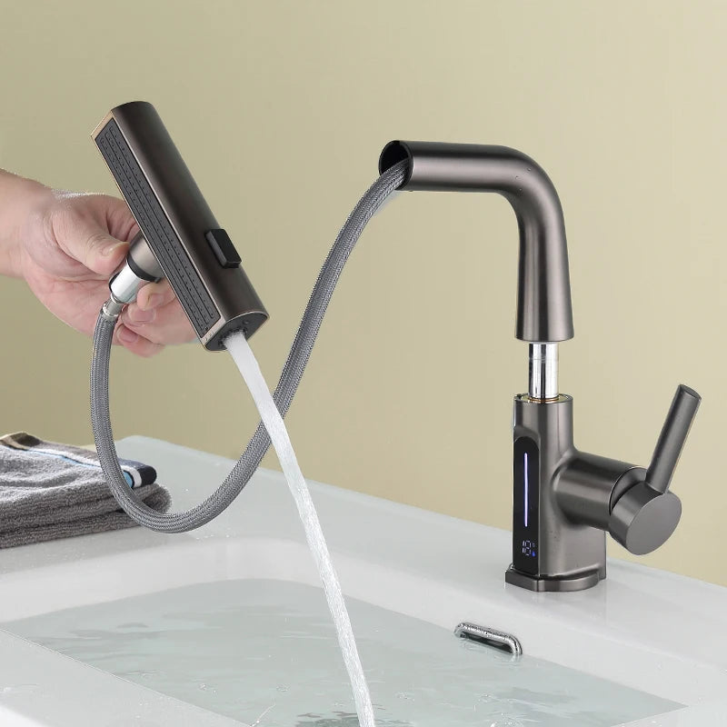 Temperature Digital Display Wash Basin Faucet Pull Out Taps Hot Cold Water Mixer Wash Tap For Bathroom