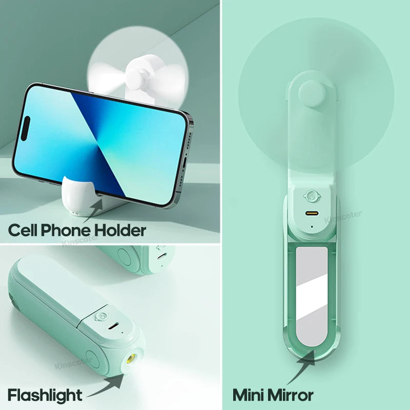 New Handheld Small Fan Portable Creative Mini Three Speed Adjustable Solid Color Charging Folded Fan LED Lighting Phone Holder