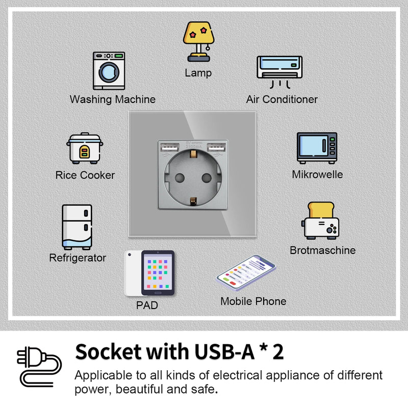 Bingoelec EU Power Socket with USB for Home Dual Usb Plug Double French Electrical Outlet 16A Crystal Glass Panel Wall Socket