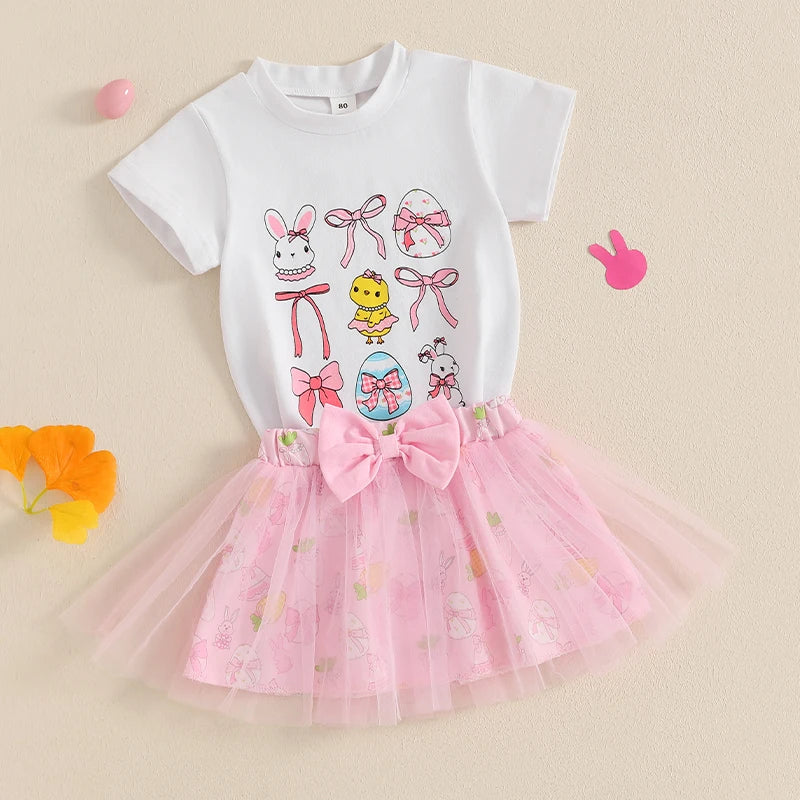 Adorable Toddler Girl Easter Outfit with Bunny Print Short Sleeve Crew Neck Tops and Double Layered Tulle Bow Skirt - 2 Piece