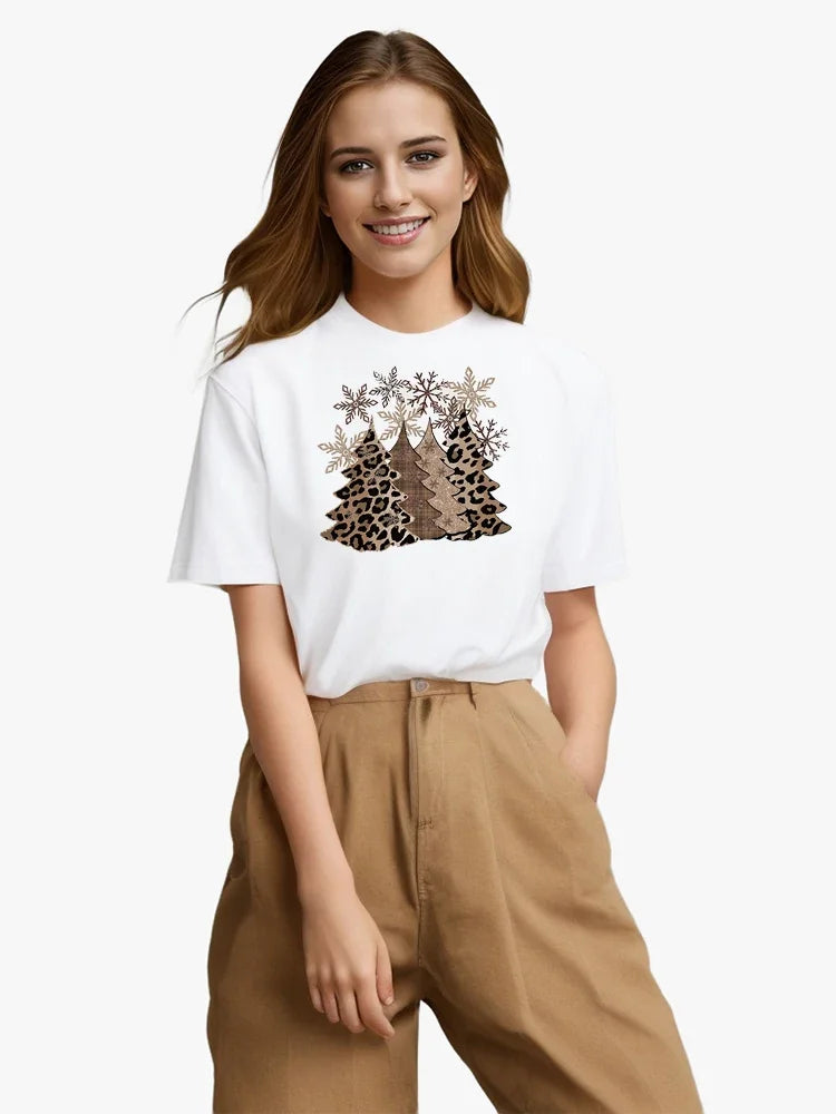 Christmas Leopard Tree Print Crew Neck O-Neck T-Shirt Harajuku Casual Oversized Streetwear Short Sleeve Top Women's Clothing