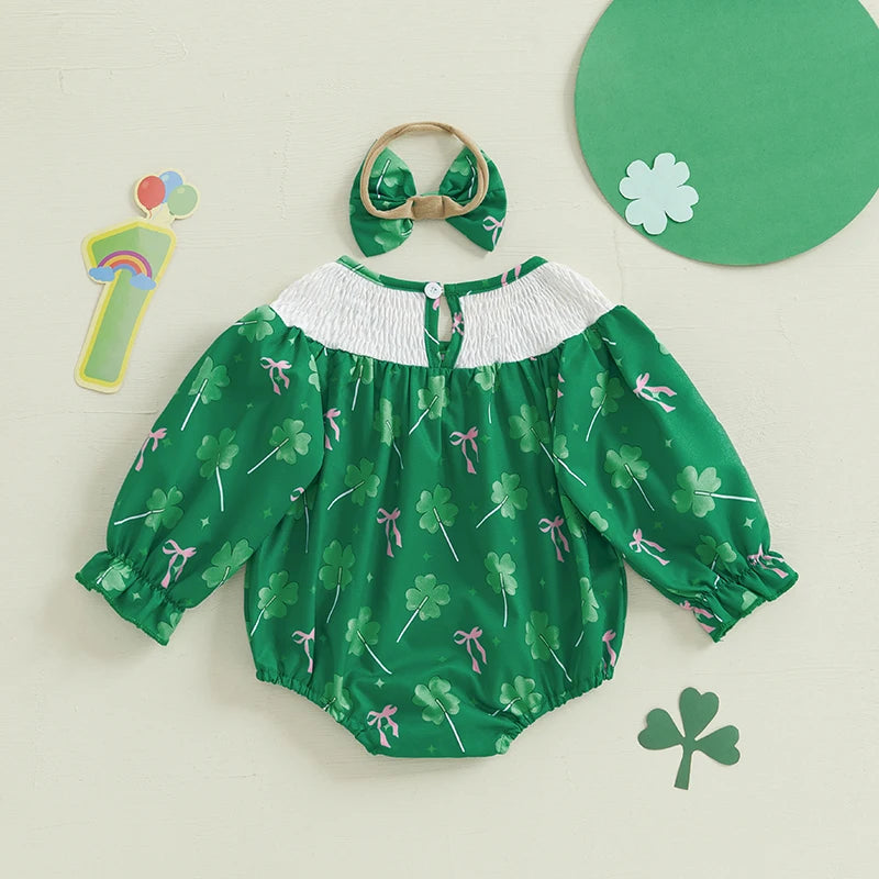 Adorable Infant Easter Bunny Print Ruffle Sleeve Romper with Matching Bow Headband 2 Piece Set for Baby Girls