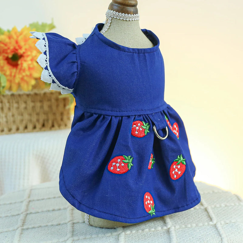 1PC Pet Clothing Cat Dog Spring and Autumn Thin Blue Denim Strawberry Princess Dress With Drawstring Buckle For Small Medium Dog