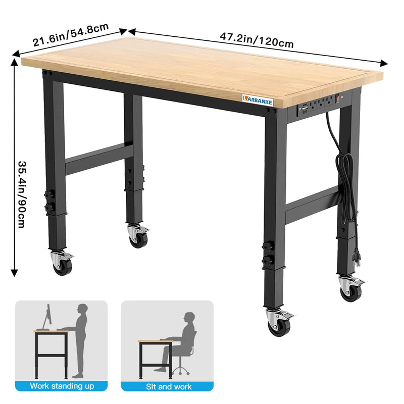 48" Heavy-Duty Adjustable Workbench with Brake Wheels,Hardwood Worktable Weight Capacity Over 2000 Lbs,Rubber Wood Workbench