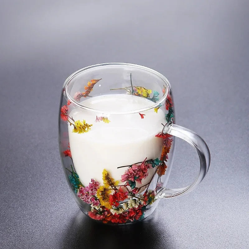 1pc 250ml 350ml Artificial Flower Pattern Heat Insulated Water Cup Double Walled Glass Coffee Mug Reusable Handwash Glassware