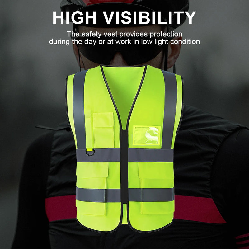 Reflective Safety Vest High Visibility Night Work Security Sleeveless Yellow Vest Construction Workwear Zipper & Pockets Adults