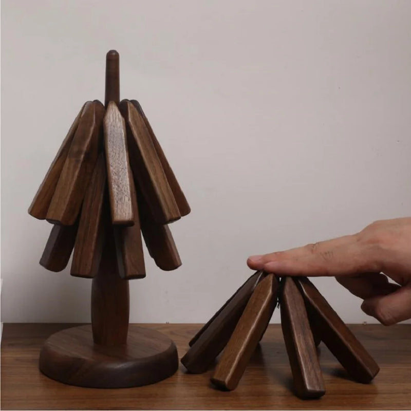 Black Walnut Wooden Christmas Tree Shape Foldable Insulation Pad Creative Pot Mat Cup Coasters Decoration Kitchen Accessories