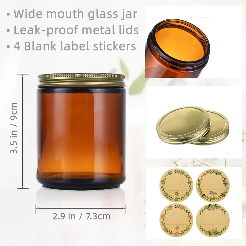 Empty Candle Jars, 8oz Amber Glass Jars with Lids & Labels, Candle Making Jars for Candle, Food Storage, Spice, 2pcs 250ml