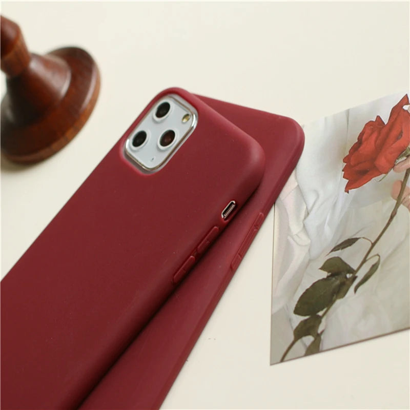 Wine Red Matte Phone Case For iphone 14 13 12 11 Pro XS Max XR X 8 7 6S 6 Plus SE 5 5S Silicone Cases Solid Color Soft TPU Cover