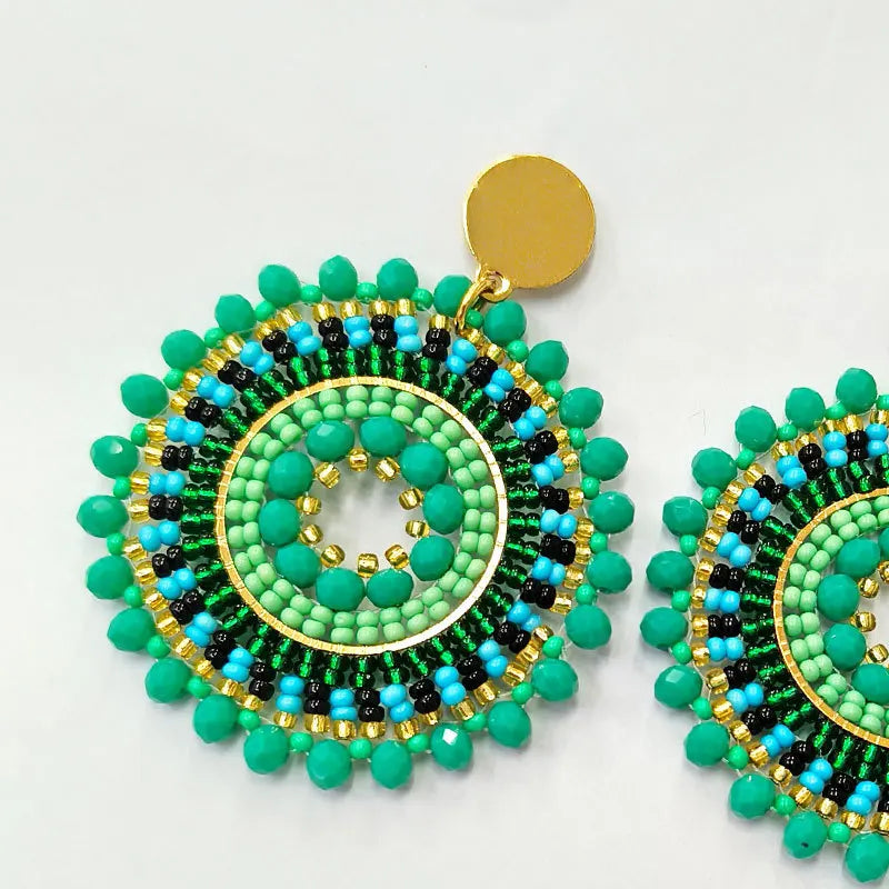 Rice bead earrings Green Sunflower Fashion Roundness Hand knitting Crystal Bohemia Alloy Geometry Simple Beaded earrings
