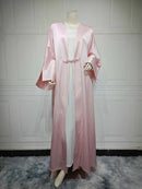 Muslim Women Pink Satin Kimono Abaya Damen Dubai Elegant Luxury Kaftan Modest Dress Islam Caftan Marocain Robe Femme Musulmane
