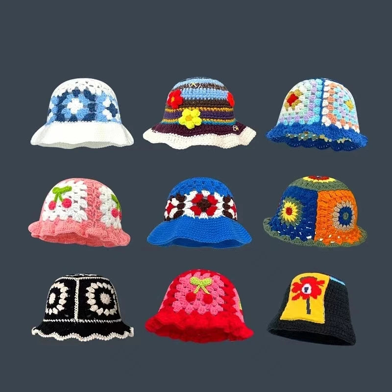 2024 New Korean-Japanese Hand Buckle Crochet Bucket Hat Spring and Autumn Winter Sun Hat Female Cherry Designer Bob Basin Hat