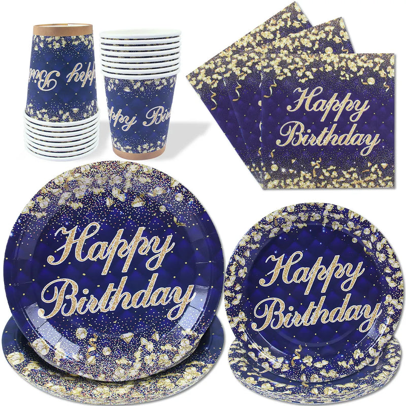 Birthday Theme Party Decorations Tableware Blue Gold Paper Plates Birthday Party Adults Baby Shower Birthday Party Supplies