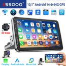 ESSGOO 10" Android 14 4+64G Wireless Carplay Car Stereo Rotatable Touchscreen 1 DIN GPS Nav Bluetooth FM RDS WIFI USB EQ SWC MIC