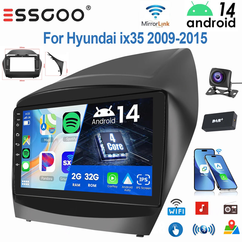 ESSGOO 9" Android 14 Display Car Stereo Radio GPS Navigation For Hyundai ix35 2009-2015 Carplay Android Auto SWC USB Wifi BT FM