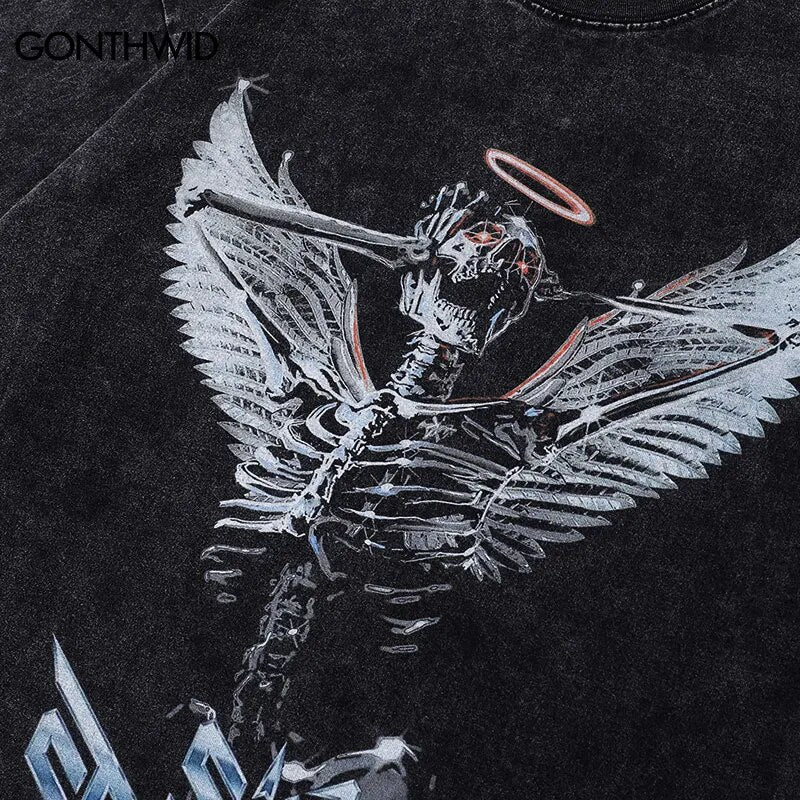 Vintage Streetwear T-Shirt Hip Hop Skeleton Skull Angel Wings Graphic Print Oversized Tshirt Harajuku Punk Gothic Oversized Tops