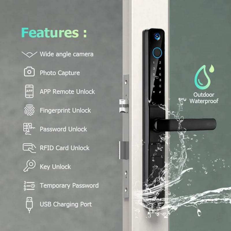  Waterproof Fingerprint Lock TUYA WIFI Camera RFID Card Password Keyless Electronic Smart Door Lock for Aluminum Sliding Door